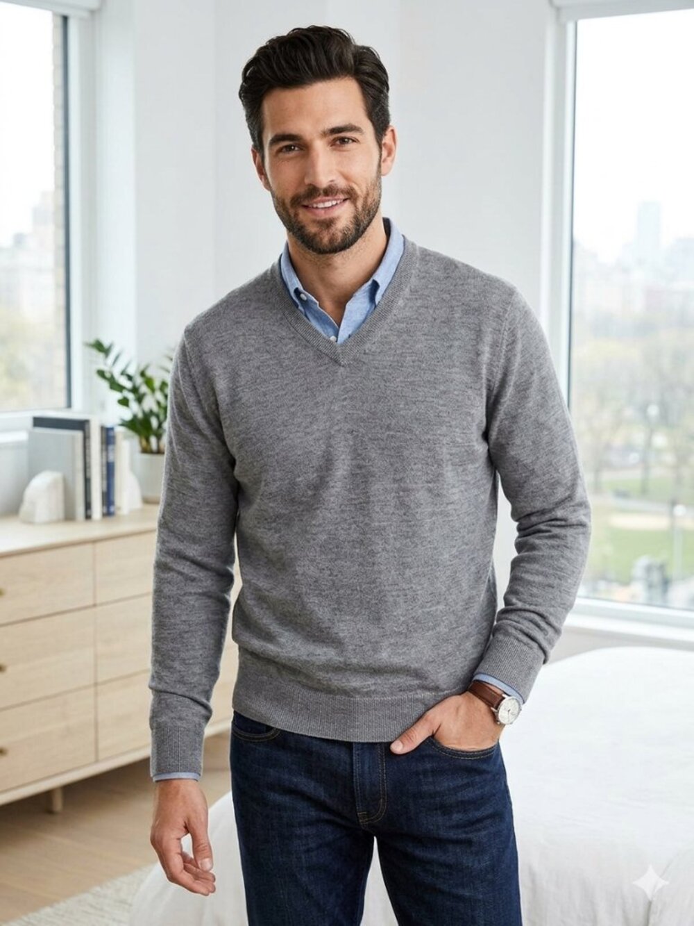 Vintage J.Crew Men's 100% Merino Wool V-Neck Sweater Heather Gray Size XL